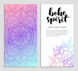 Abstract mandala banner design. Vector creative illustration with oriental boho elements. Gradient color theme flyers template