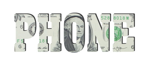 Phone. American dollar banknotes. Money texture. Isolated on white background