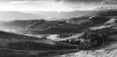 Beautiful black and white landscape view of Hope Valley in Peak District during autumn sunset.