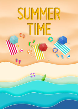 Hello summer background. Top view summer background vector in beach with umbrellas, balls, swim ring, sunglasses, surfboard, hat, sandals, juice, starfish and sea. 