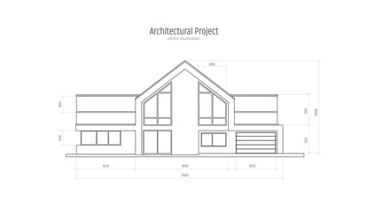 Architectural drawing of a three storey cottage with dimensions. Modern house, villa, cottage, townhouse isolated on white background. Realistic vector illustration.