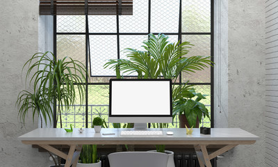 Fototapeta premium Computer display for mockup on table and plant in cement room, 3D rendering