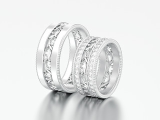 3D illustration two silver decorative carved out ornament rings