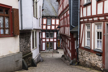 Narrow street of the old historical city Limburg an der Lahn, Germany