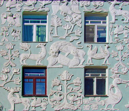 Moscow, Russia, May 2017.Terracotta reliefs of fantastic animals, birds and plants are made by the artel "Murava" according to the sketches of the artist S.I. Vashkova in the year 1909. 