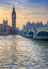 Fototapeta na wymiar London attractions Big Ben and Westminster Bridge landscape during a Winter sunset