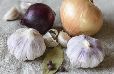 Onion and garlic on burlap