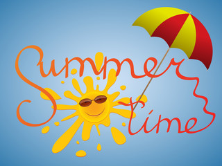 A cheerful sun in sunglasses peeks out from behind an umbrella in the blue sky.