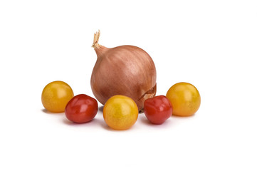 Isolated on white. Onion bulb and tomatoes