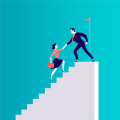 Vector flat illustration with business people climbing together on top of white stairs isolated on blue background. Team work, achievement, reaching aim, partnership, motivation, support - metaphor.