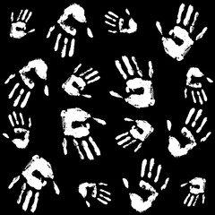 Pattern. Sketch of palm prints of a person. Black background. Vector