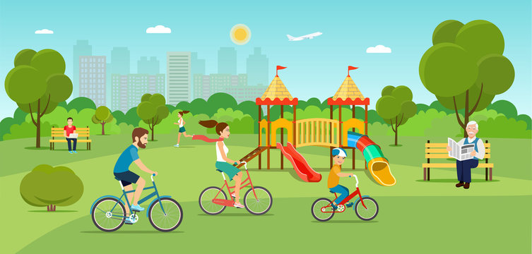 Family riding a bicycle Grandfather sitting on the bench and reading newspaper Young man sitting on the bench and working with laptop and Running girl in the park. Playground. Vector flat illustration