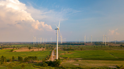 Wind turbine farm and agricultural fields. Energy Production with clean and Renewable Energy
