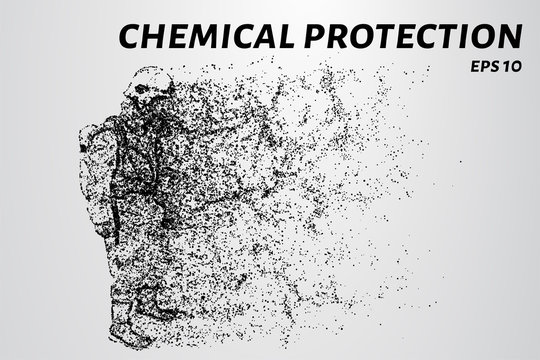 Chemical protection from particles. Man in chemical defense, gas mask, oxygen tank.