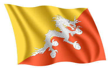 Bhutan flag. Isolated national flag of Bhutan. Waving flag of the Kingdom of Bhutan. Fluttering textile bhutanese flag.