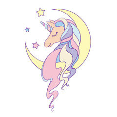 Magic cute unicorn, stars and moon poster, greeting card, vector illustration with outline