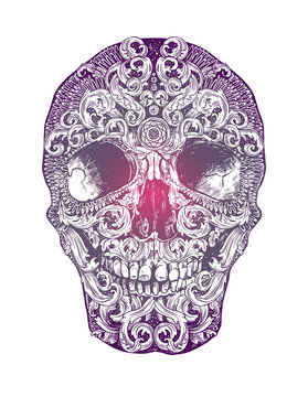 Human Ornamental Decorative Skull With Floral Elements. Day Of The Dead Skull