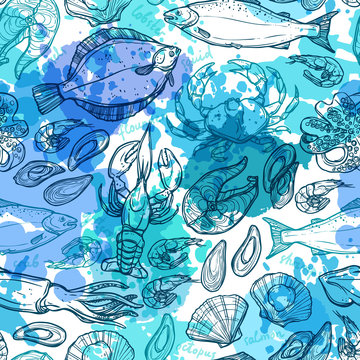 Seamless Hand Drawn Seafood Pattern With Blue Watercolor Texture