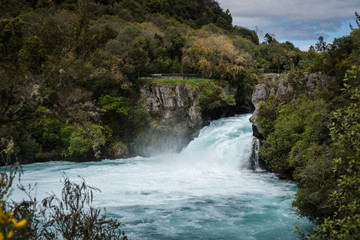 Huka Falls running into the bottom of the river in New Zealand. 