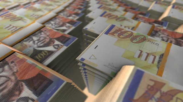 Israeli Stacks Banknotes Money In Loop Mode 
Video Effect simulates Israeli stacks Banknotes Money in loop mode
