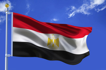 The silk waving flag of Egypt with a flagpole on a blue sky background with clouds .3D illustration.