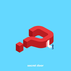 big red question mark on a blue background and a man in a business suit entering an open door, an isometric image