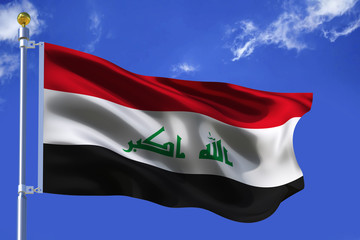 The silk waving flag of Iraq with a flagpole on a blue sky background with clouds .3D illustration.