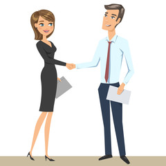 Elegant man and woman (business persons, businessman and businesswoman) shaking hands. Vector illustration, isolated on white.