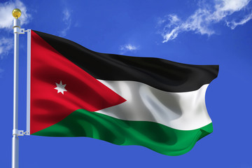 The silk waving flag of Jordan with a flagpole on a blue sky background with clouds .3D illustration.