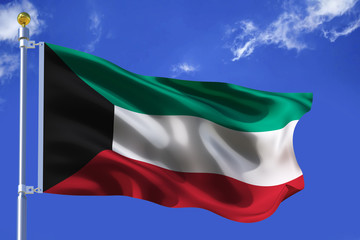 The silk waving flag of Kuwait with a flagpole on a blue sky background with clouds .3D illustration.