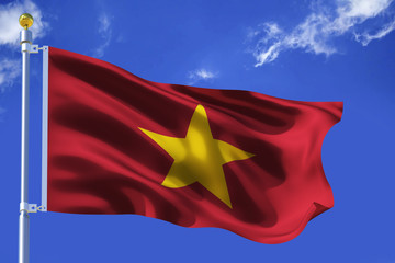 The silk waving flag of Vietnam with a flagpole on a blue sky background with clouds .3D illustration.