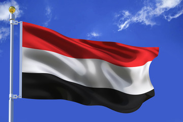 The silk waving flagYemen  of with a flagpole on a blue sky background with clouds .3D illustration.