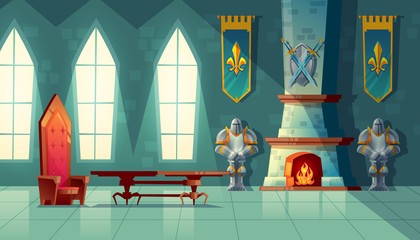 Vector castle hall, interior of royal ballroom with throne, table, fireplace and knight armor. Luxury furniture in medieval palace. Fantasy, fairy tale or game background - obrazy, fototapety, plakaty