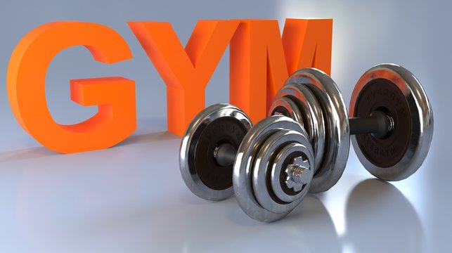 Dumbbells on a reflective surface with text