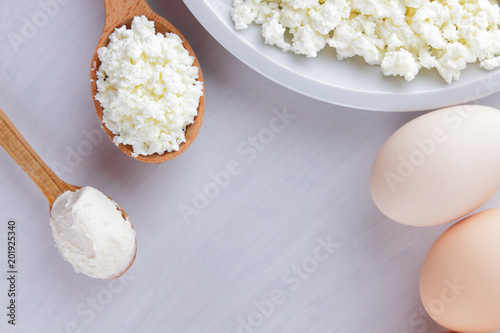 Cottage Cheese Cream And Eggs On A White Background Assorted
