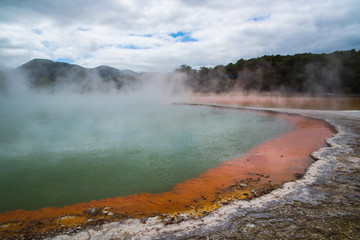 The Champagne Pool at the Waiotapu Geothermal Wonderland in New Zealand near Taupo. 