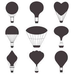 Hot air balloons silhouettes in monochrome. Vintage gas balloons logo or label templates. Air craft adventure, exploring retro airships and aerostats emblems. Touristic ballooning journey logotypes.