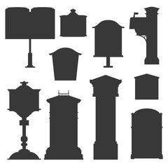Vintage street english post boxes and mailboxes icons. Outline monochrome classic mail letterboxes silhouettes. Mailing and correspondence receiving logo templates.