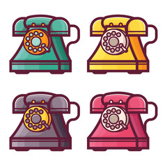 Retro phones with rotary dial icons. Vintage land-line telephone in line style. Obsolete wired call up device in red, yellow, green and gray colors.