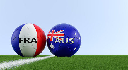 France vs. Australia Soccer Match - Soccer balls in France and Australian national colors on a soccer field. Copy space on the right side - 3D Rendering 
