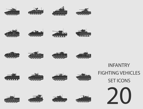 Infantry fighting vehicles set of flat icons. Vector illustration