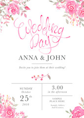 Wedding invitation card template with watercolor rose flowers.
