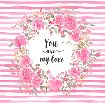 Handpainted watercolor card template with rose flowers and stripes on a background.