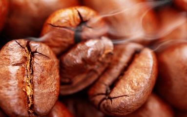 Coffee background with beans close up, Coffee roasting 