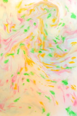 Multicolored abstract background, multicolored pattern of paints on liquid, blank for designer, paint divorces in milk, bright texture on white background, minimalism, creative blank for wallpaper