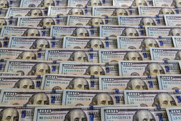 Business finance concept background letterbox panorama of hundred dollars bank notes bills of new...