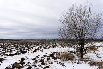 plowed field with melting snow in early spring, with a village in the distance and a city on the...