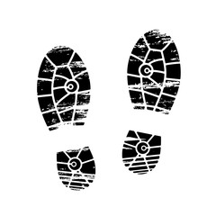 Footprints and shoeprints icon in black and white showing bare feet and the imprint of the soles with patterns of male and female footwear. Shoes boots imprint