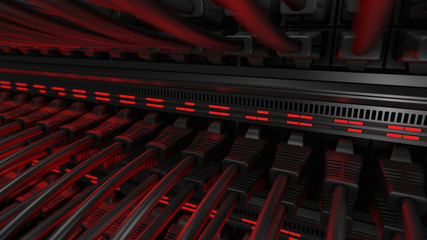 Close-up view of modern internet network switch with plugged ethernet cables. Blinking red lights on internet server. 