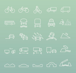 Set of Quality Universal Standard Minimal Simple White Thin Line Traffic Signs Icons on Color Background 